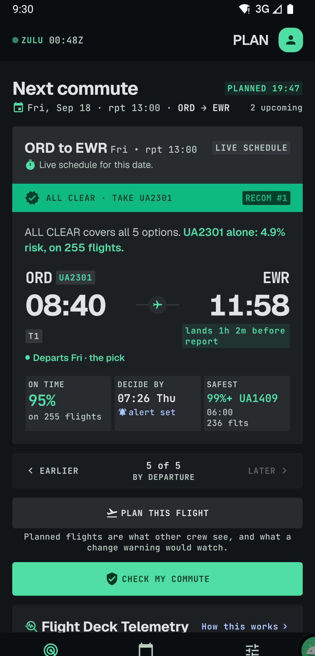 The plan screen: ALL CLEAR, take UA2301 at 08:40 landing 11:58, on time 95% on 255 flights, decide by 07:26 Thursday, safest UA1409 at 99%+
