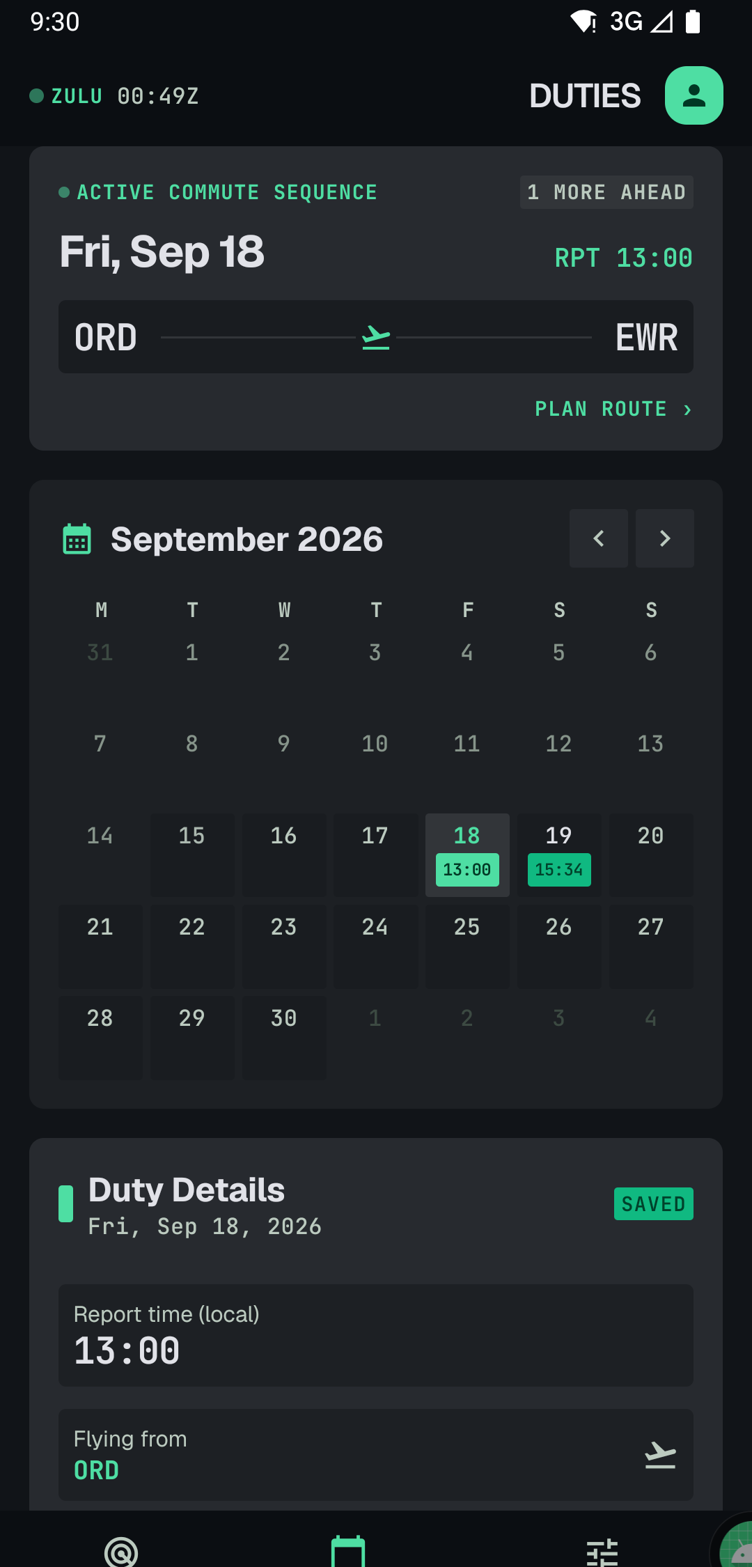 Duties: a September month view with report times marked on the 18th and 19th, and the duty details for Friday 18 September showing a 13:00 report from ORD