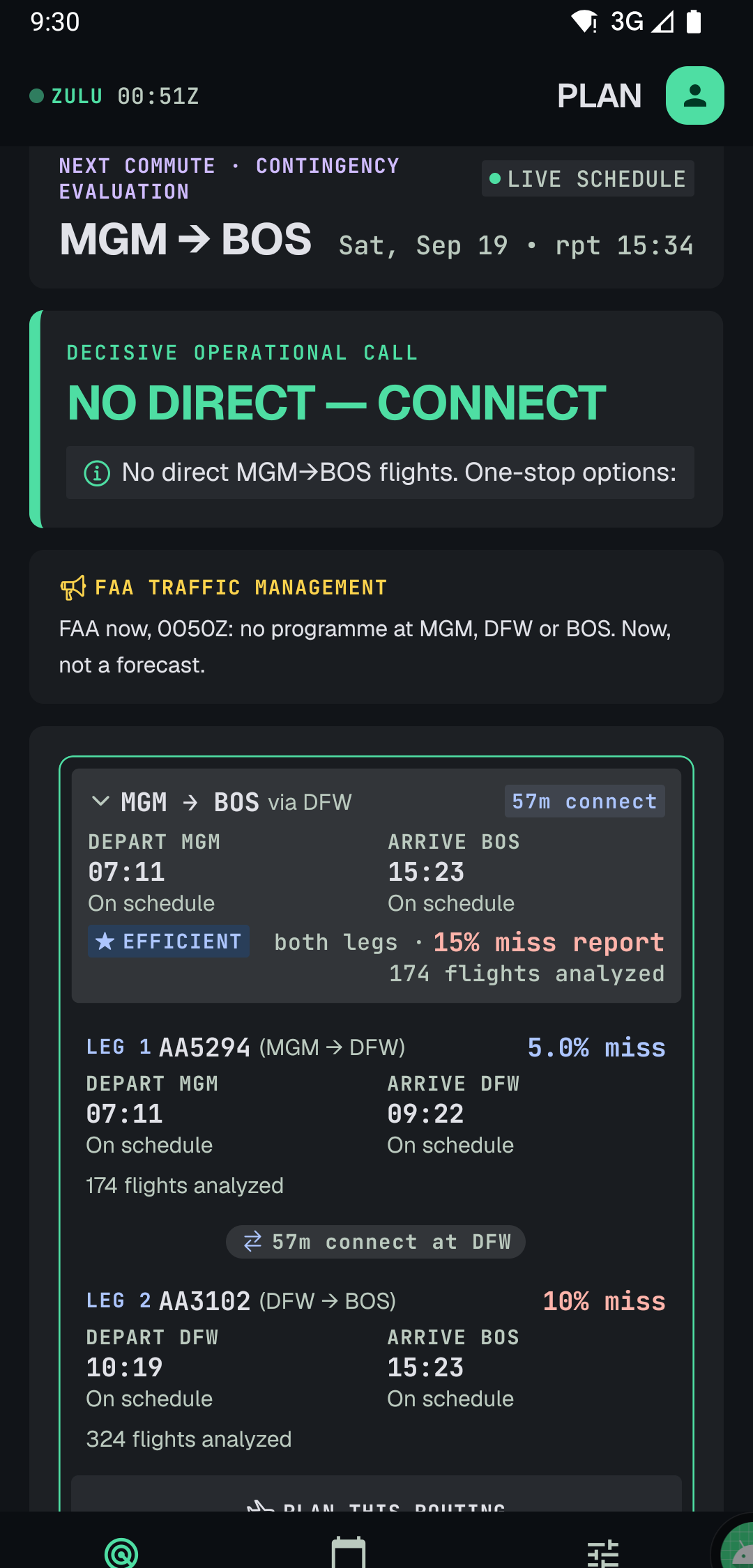 NO DIRECT — CONNECT for MGM to BOS: a one-stop routing via DFW with a 57 minute connection, 15% miss report over 174 flights, and each leg priced separately